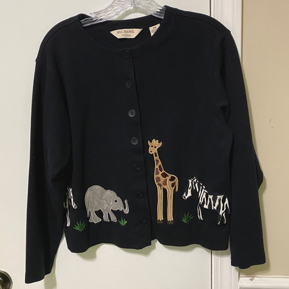 Vtg Y2K Bechamel Womens Cardigan PM Black Zebra Elephant Giraffe Cotton Sweater
